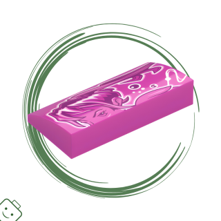 LEGO® dílek Slope, Curved 2 x 4 x 2/3 with Bottom Tubes with White, Magenta and Bright Pink Female Upper Face, Hair, Curved Lines and Dots Pattern Model Left Side / 88930pb199L